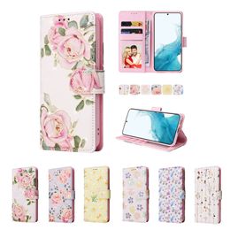 Flower Print Leather Wallet Cases For S20 S21FE S22 S23Plus Ultra A32 A52 A13 A33 A53 Anti-theft Brush Butterfly Rose Dried Floral World Daisy ID Card Slot Holder Pouch