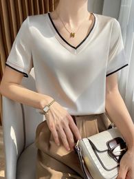 Women's T Shirts Black Top Silk V-Neck Fashion Summer 2023 Women's T-shirt Elegant Temperament White O-Neck Acetate Office Lady T-shirts