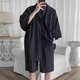 Men's Tracksuits Korean Style Men's Set Suit Jacket and Shorts Solid Thin Short Sleeve Single Pocket Knee-Length Summer Oversized Clothing Man W0329