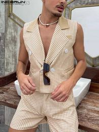 Men's Tracksuits Men Casual Sets Plaid Patchwork Streetwear Lapel Sleeveless Vests Shorts Two Pieces Sets 2023 Fashion Men Suits S-5XL W0329