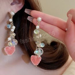 Pearl Crystal Chain Tassel Women Dangle Earrings Premium Temperament Silver Needle Drop Earring Love Light Luxury Jewellery