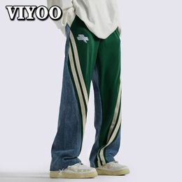 Men's Pants Denim Contrast Drawstring Casual High Street Straight Pant Fashion HipHop Simple Loose Trousers 230329