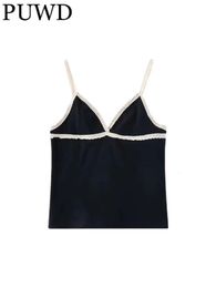 Women's Tanks Camis PUWD Casual Women Black Lace Edge Soft Cotton Tank Summer Fashion Ladies Solid Slim Short Tops Female Girlish Crop Top 230329