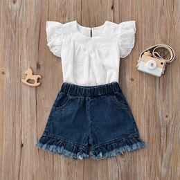 Clothing Sets Girls Casual Two-piece Clothes Suit White Fly Sleeves Round Neck Vest and Fringed Denim Shorts AA230328