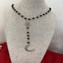 Pendant Necklaces Gothic Crescent Moon Pentagram Rosary Style Necklace Black Beads Beaded Charm Chain 2023 Fashion Statement Wowen Jewellery