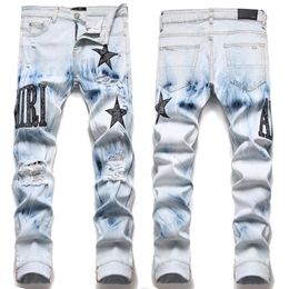 European Trend Jean Letter Star Jean Men Embroidery Patchwork Ripped Jeans Trend Brand Motorcycle Pant Mens Skinny Jeans 275