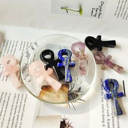 Decorative Figurines Quartz Crystal Carved Gemstones Anka In Necklaces Cross Gifts Healing Reiki Natural Stones Key Of Life Home Decoration