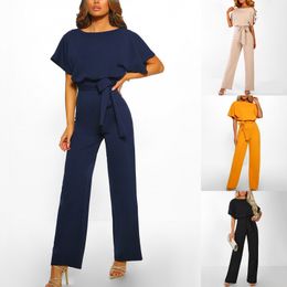 Women's Jumpsuits Rompers Women's Solid Colour Straight Leg Bodysuit Fashion Short Sleeve Round Neck Dating Bodysuit 230329