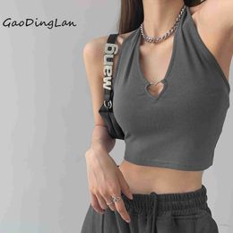 Women's Tanks Camis Summer Hot Girl Metal Love Hollow Out Halter Neck Women Vest Solid Colour Suspender Sleeveless Tops Expose Navel Sexy Short Tanks P230328