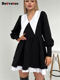 Casual Dresses Botvotee Black Dress for Women High Waisted Peter Pan Collar Long Sleeve Patchwork Mini Dresses A Line Casual Dress 230329