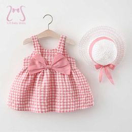 Girl's Dresses 2Pcs/Set Baby Girl Plaid Sweet Bow Summer Birthday Party Dress Toddler Kids Outfits 0 To 3 Years Children Clothes Suit Hat P230327