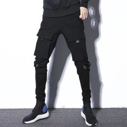 Men's Pants Mens Hip Hop Cargo Pants With Many Pockets Ribbons Slim Fit Elastic Waist Street Casual Trousers For Man Pantalones Hombre 230329