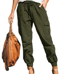 Women's Pants & Capris Plus Size Women Cargo Casual Solid Color Drawstring Summer Fashion Multi Pockets Ankle Tied Trousers Work