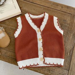 Waistcoat Spring Baby Boy and Girls Knitting Sleeveless Cardigans Infants Casual V-neck Vest Toddler Girls Sweet All-match Solid Tops 230329