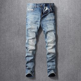 Men's Jeans Italian Style Fashion Men Jeans High Quality Retro Light Blue Stretch Slim Fit Ripped Jeans Men Vintage Designer Pants Hombre 230329