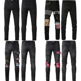 Черные мужчины Тонкие дизайнерские джинсы брюки для беременных Джинсы Paint Hole Spot Style Разрушенные узкие вымытые Молодежные прямые Роскошные повседневные обычные ковбойские джинсовые брюки Брюки
