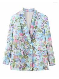 Women's Suits Womens Elegant Flower Print Spring Loose Blazers Girls Double Breasted Fashion Straight Jackets Female Satin Feeling Outwear