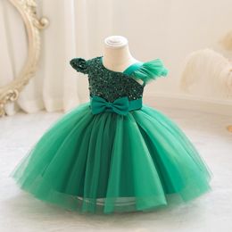 Girl Dresses High-end Baby Dress Off Shoulder Sequin Mesh 1-6T Wedding Birthday First Year Party Princess