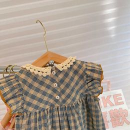 Girl's Dresses Korean Style New Summer Dress for Baby Girl Flare Sleeves Blue Plaid Round Collar Princess Dress Child Clothing E33310