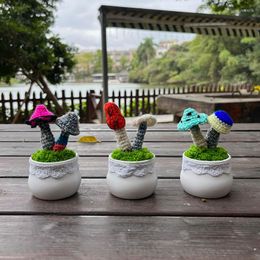 Decorative Flowers Crocheted Colorful Mushroom Plants Bonsai Artificial Flower Hand-Knitted Cute Gift For Home Room Table Desktop Decor