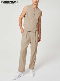 Men's Tracksuits Men Sets Solid Color V Neck Sleeveless Streetwear Button Irregular Vests Pants 2PCS 2023 Fashion Men Casual Suits 5XL W0329