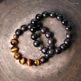 Strand Golden Tiger Eye Bracelet Hammered Large Wooden Dainty Mix Black Obsidian Wrist Jewellery Matching Couple Stuff