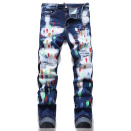 Men's Pants Jeans European Jean Hombre Men Painted Washed Ripped For Trend Brand Motorcycle Pant Mens Skinny 3405