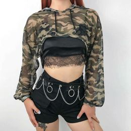 Women's T-Shirt Long Sleeve Tshirt Mesh Top Hooded Hollow Out Sexy Punk Rock Short Crop Top White T-shirt Fishnet Black Women Clothing Tops Tees P230328