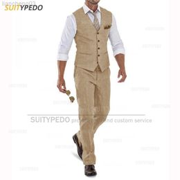 Men's Tracksuits Linen Suit for Men Casual Slim Fit Ivory Suit Vest Pants Set 2 Pieces New Business Summer Prom Wedding Tuxedos for Men Groomsmen W0329