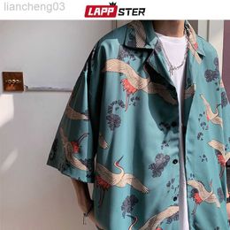 Men's Tracksuits LAPPSTER Y2k Crane Print Shirts Harajuku Tracksuits 2022 Summer Vintage Button Up Short Sleeve Shirts Korean Suit Set Shorts W0329