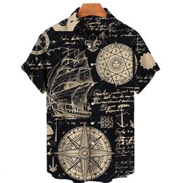 Men's Casual Shirts Unisex Retro Men's Hawaiian Shirt Plus Size Shirt Sailboat Compass Marine 3d Print Retro Men's Shirt Loose Short Sleeve 230329