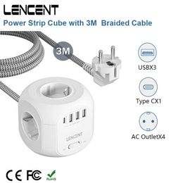 Sockets LENCENT Strip Cube con 4 salidas de CA 3 puertos USB 1 tipo C 3M cable trenzado adaptador de corriente mltiple con interruptor para el hogar Z0327