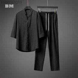 Men's Tracksuits Chinese Style Ice Silk Linen Two Piece Suit Summer Thin Short Sleeve T Shirt Plus Size Trousers Harajuku Oversized Clothes Men W0329