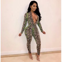 Women's Jumpsuits & Rompers Sexy Women Long Sleeve Snake Print Bodycon Night Club Jumpsuit Elegant One Piece Straight Party RompersWomen's W