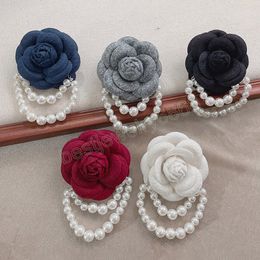 Vintage Fabric Flower Brooch Pins Imitation Pearl Tassel Corsage Shirt Collar Accessories Fashion Party Jewelry Gifts