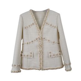 Spring Ivory Solid Colour Beaded Tweed Jacket Long Sleeve V-Neck Panelled Classic Wool 3D Flowers Jackets Coat Short Outwear A2N086461