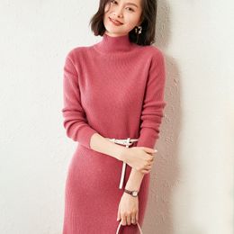 Casual Dresses 100% Goat Cashmere Knitted Dress Women 5Colors Plus Longer High-Neck Female Jumpers Winter Soft Warm Ladies Dress 230329