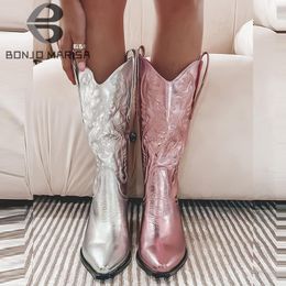 Boots Metallic Cowboy Boots Pink Western Cowgirls Boots For Women Pointed Toe Stacked Heeled Mid Calf Brand Design Embroideried Shoes 230329