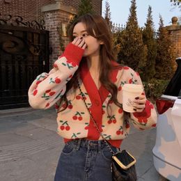 Women's Knits 2023 Fashion Red Cherry Cardigan Women Clothes Vinage Knit Cropped Sweaters Tops Loose Pull Femme Korean Sueter Mujer