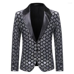 Men's Suits Silver Sequin Plaid Blazer Jacket Men Brand Fashion Slim FIt One Button Dress Suit Male Party Wedding Stage Costume Homme