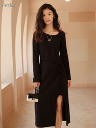 Casual Dresses Early Autumn Women Dress Fashion Simple Long Sleeve O-Neck Dresses Side Split Black Midi Dress With Belt LA23021Q 230329