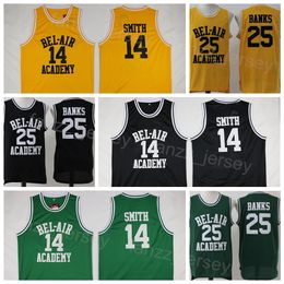 Movie Basketball OF The Fresh Prince Jersey 14 Will Smith 25 Carlton Banks OF BEL-AIR Basketball BEL AIR Academy Yellow Shirt Black Green (TV Sitcom) Stitched Men NCAA