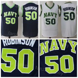 College Basketball 50 David Robinson Jerseys University Naval Academy Navy Midshipmen Navy Blue White Embroidery And Sewing For Sport Fans Breathable Men NCAA