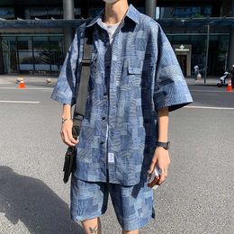 Men's Tracksuits 2022 Summer Man Sets Short Sleeve Oversized Shirts Shorts Korean Style Patch Plaid Casual Short Suit Clothing Men Black Blue 5XL W0329