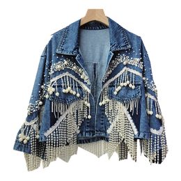 Women's Jackets Woman Harajuku Beaded Fringed Hollow Denim Jacket Spring Pearls Tassels Holes Jeans Coat Loose Tuin Down Collar Cardigan Tops 230329