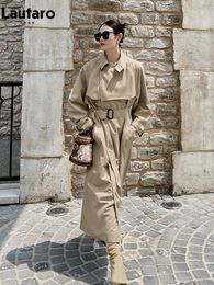 Women's Trench Coats Lautaro Spring Autumn Oversized Long Cool Coat for Women Raglan Sleeve Belt Double Breasted British Style Fashion 230329