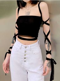 Women's Tanks Camis Black Mesh Lace Up Bandage Crop Top Fairy Grunge Aesthetic Clothes Cyber Y2k Mall Goth Tanks Sexy Clothing P230328