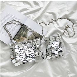 Evening Bags Luxury Women Designer Silver Metal Sequins Chain Woven Clutch Female Travel Holiday Shoulder Handbag 230329