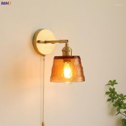 Wall Lamps IWHD Amber Glass LED Light Fixtures Pull Chain Bedroom Bathroom Mirror Stair Copper Nordic Modern Wandlamp Lampara Pared