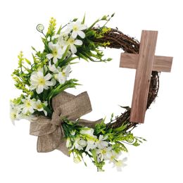 Decorative Flowers Wreaths Easter Wreath With Cross Garland Decor For Front Door Welcome Sign Decorations Rustic Artificial Flower Festival Celebration P230310